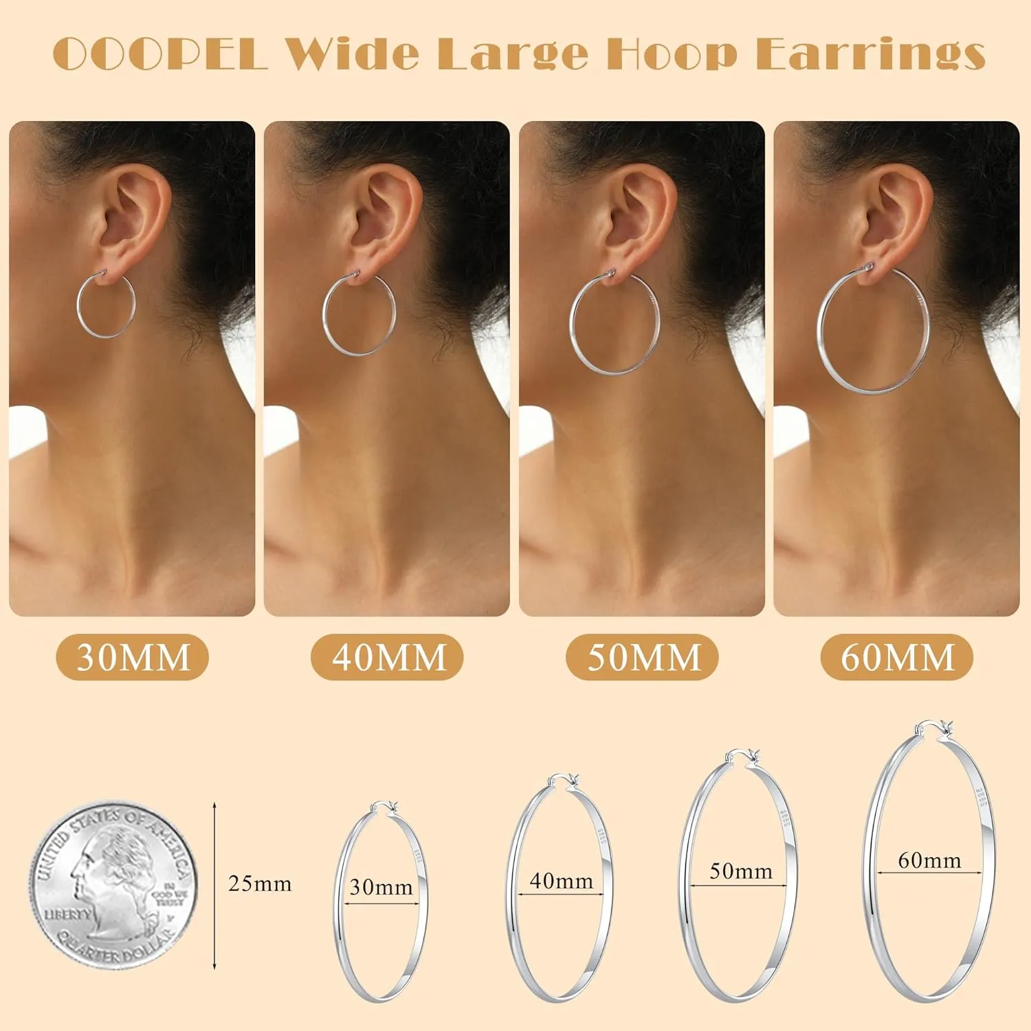 OOOPEL 3mm Wide Large Hoop Earrings for Women Hypoallergenic 925 Sterling Silver Post Gold Earrings Lightweight Silver Hoop Earrings Oversize Big Gold Hoops 20/30/40/50/60/70MM