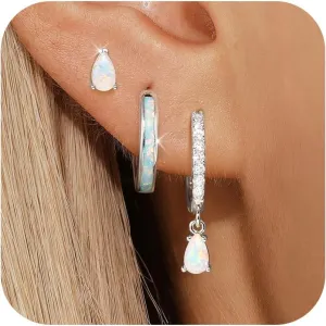 Opal Earrings Set for Women, Sterling Silver Hoop Earrings for Sensitive Ears, Dainty Trendy Opal Jewelry 2025, Birthday Gifts for Her/Yourself/Mom