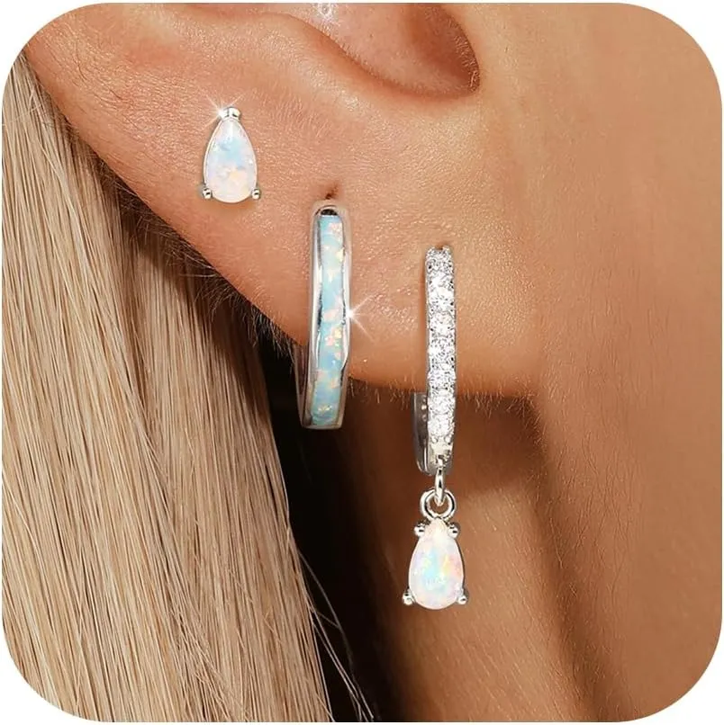 Opal Earrings Set for Women, Sterling Silver Hoop Earrings for Sensitive Ears, Dainty Trendy Opal Jewelry 2025, Birthday Gifts for Her/Yourself/Mom