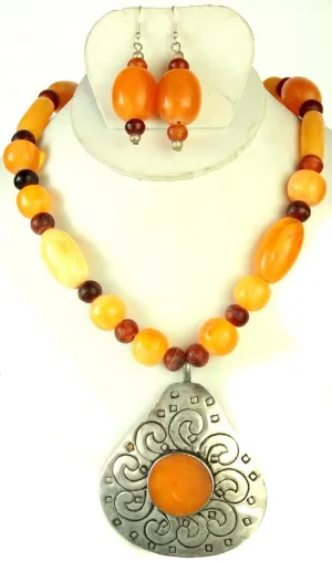 Orange Color Beaded Necklace with Earrings Set - White Metal