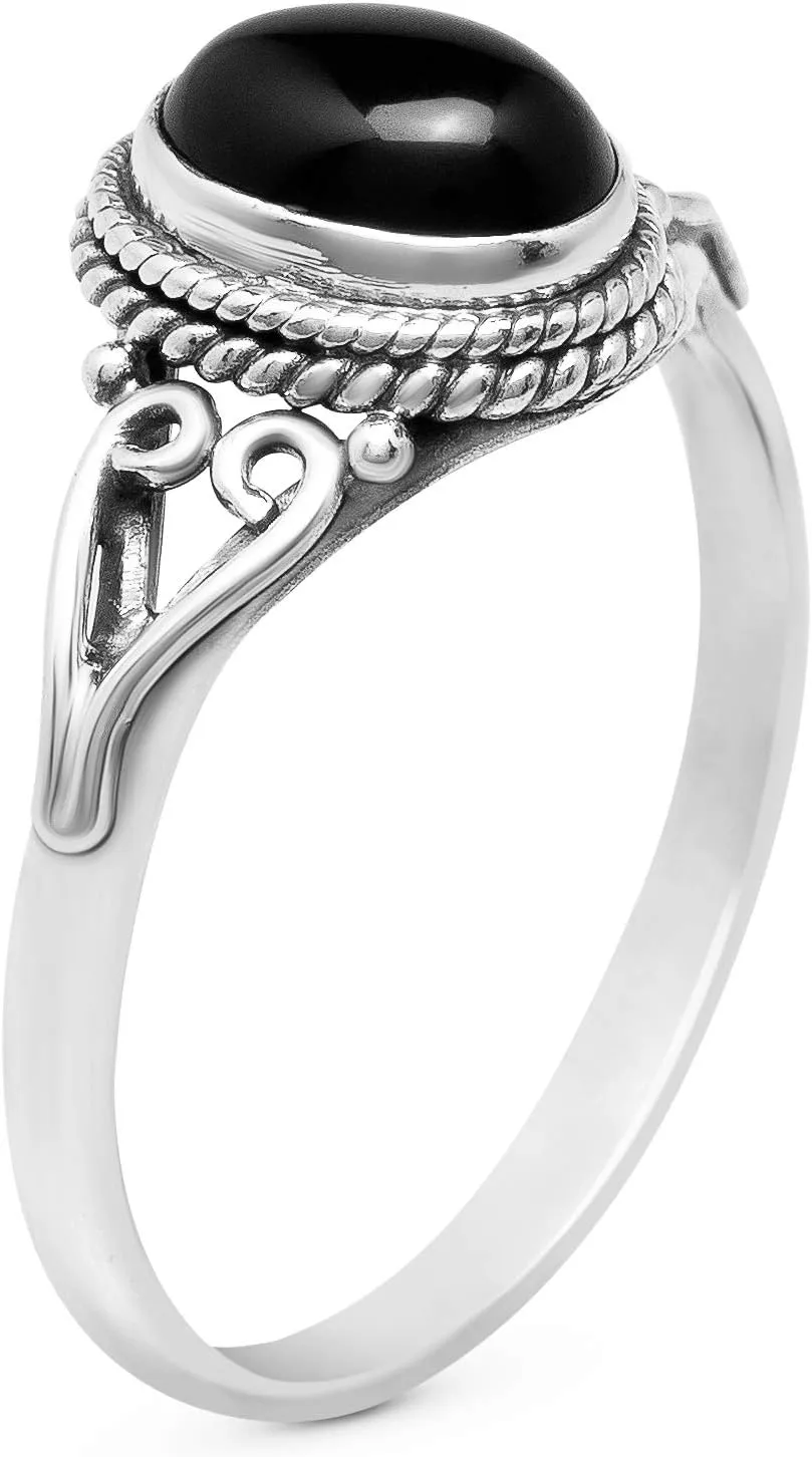 Oval Black Onyx 925 Sterling Silver Ring - Delicate BOHO Chic Jewelry - Fashionable and Stylish for Women with Velvet Gift Bag - Made by Indian Artisans - Size 5-9