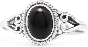 Oval Black Onyx 925 Sterling Silver Ring - Delicate BOHO Chic Jewelry - Fashionable and Stylish for Women with Velvet Gift Bag - Made by Indian Artisans - Size 5-9