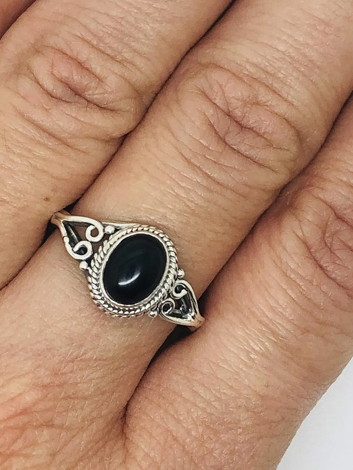 Oval Black Onyx 925 Sterling Silver Ring - Delicate BOHO Chic Jewelry - Fashionable and Stylish for Women with Velvet Gift Bag - Made by Indian Artisans - Size 5-9