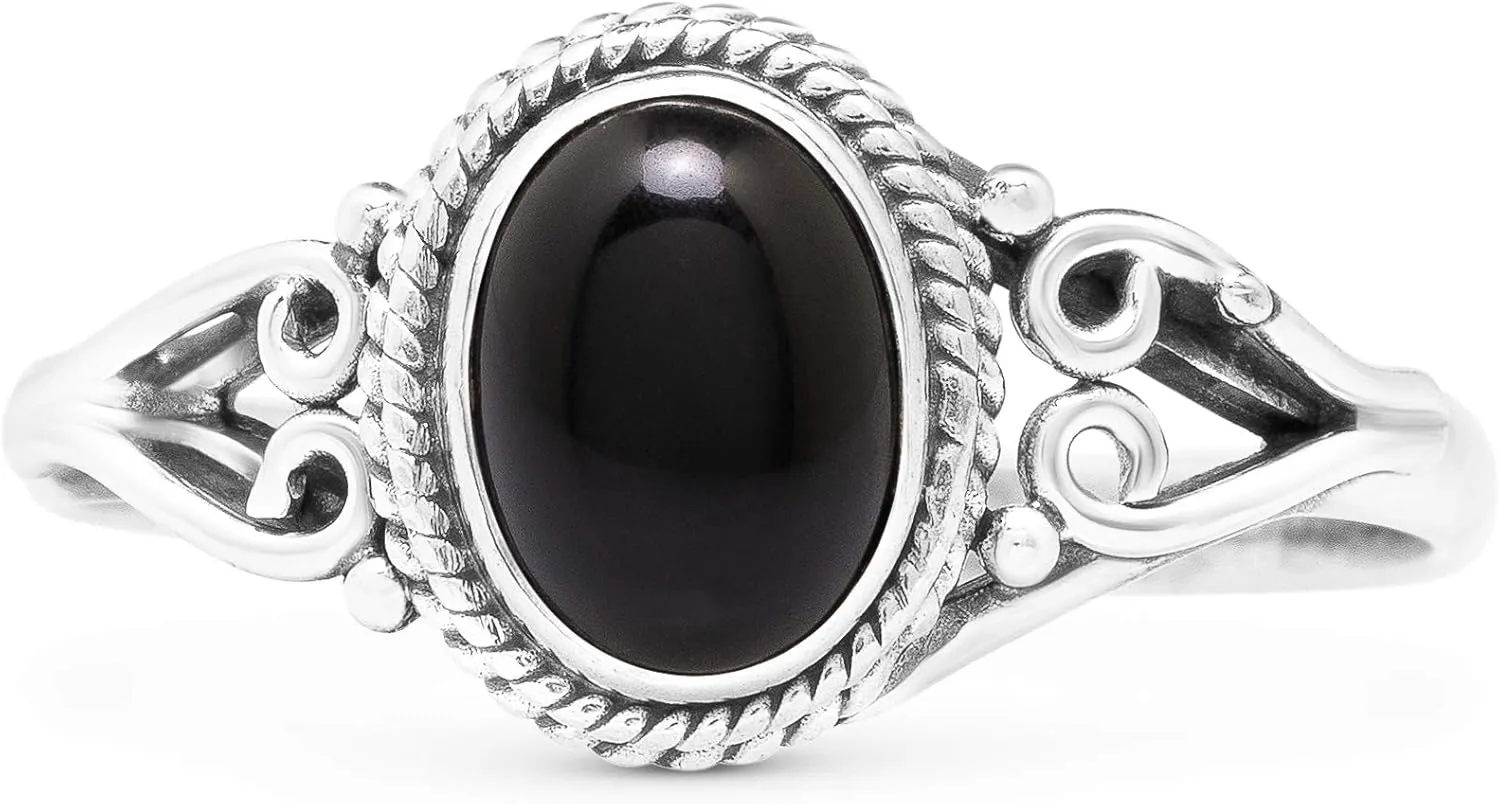 Oval Black Onyx 925 Sterling Silver Ring - Delicate BOHO Chic Jewelry - Fashionable and Stylish for Women with Velvet Gift Bag - Made by Indian Artisans - Size 5-9