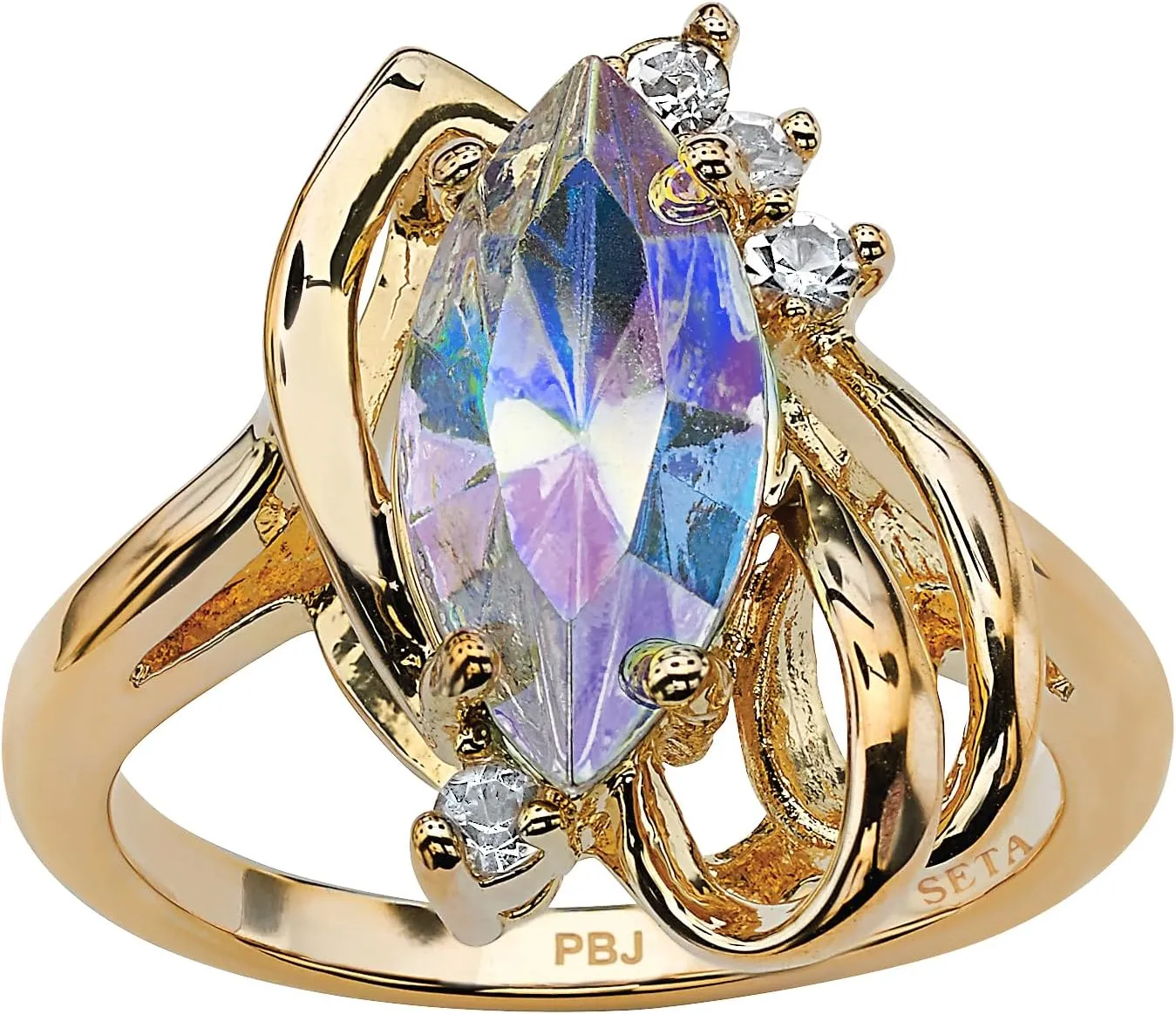 PalmBeach Yellow Gold-Plated Marquise Cut Aurora Borealis Crystal Ring Sizes 5-10