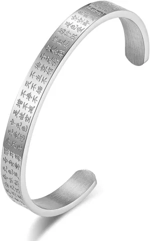 PAMTIER Unisex Stainless Steel Classic Buddhist Heart Sutra Engraved Bracelet Lucky Amulet Bangle Religious