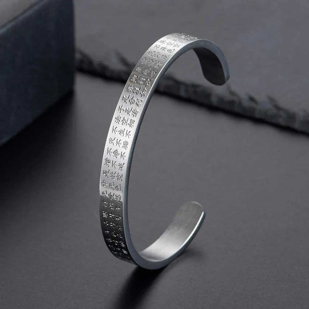 PAMTIER Unisex Stainless Steel Classic Buddhist Heart Sutra Engraved Bracelet Lucky Amulet Bangle Religious
