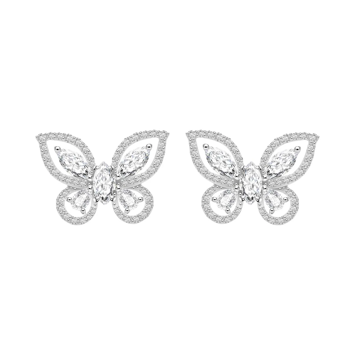 Papillon: Silver rhodium plated with Marquise-cut CZ glasswing butterfly stud earrings