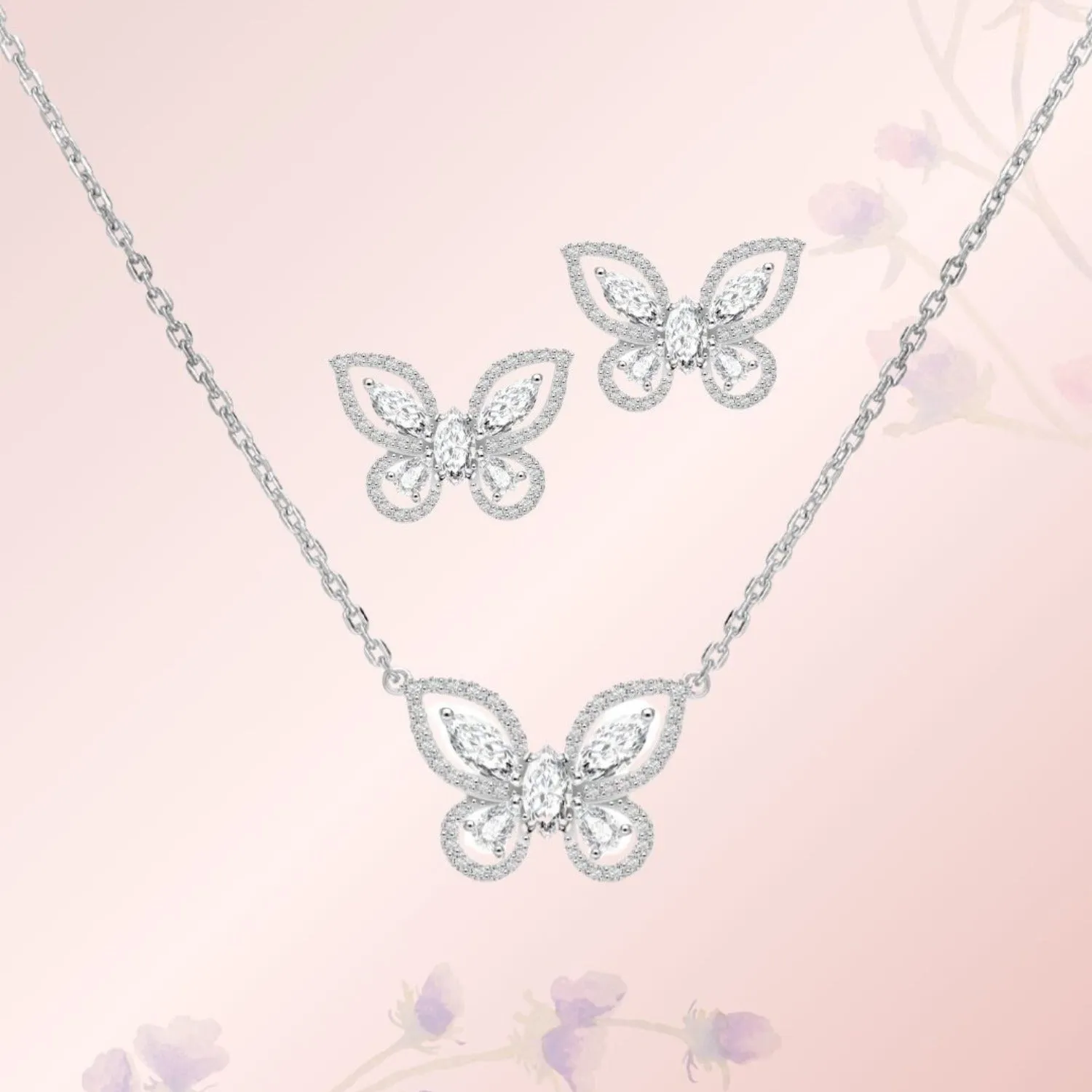 Papillon: Silver rhodium plated with Marquise-cut CZ glasswing butterfly stud earrings