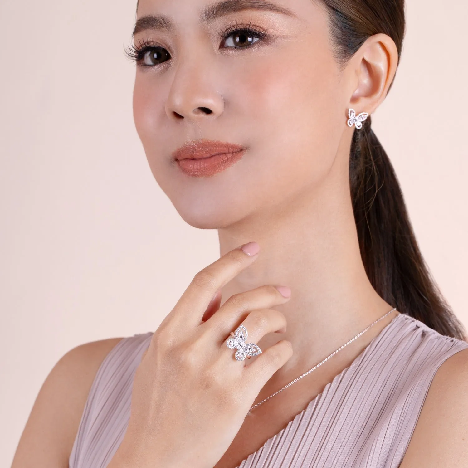 Papillon: Silver rhodium plated with Marquise-cut CZ glasswing butterfly stud earrings