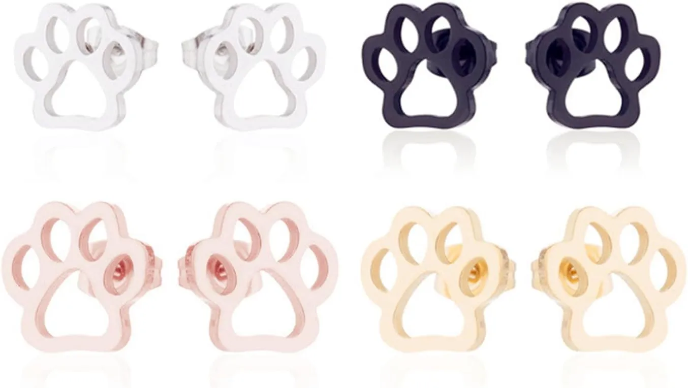 Paw Footprint Small Stud Earrings Stainless Steel Funny Charm Lovely Puppy Dog Cat Pet Animal Bear Paws Hollow Out Foot Prints Tiny Earrings for Women Birthday Christmas Party Holiday Jewelry Gifts