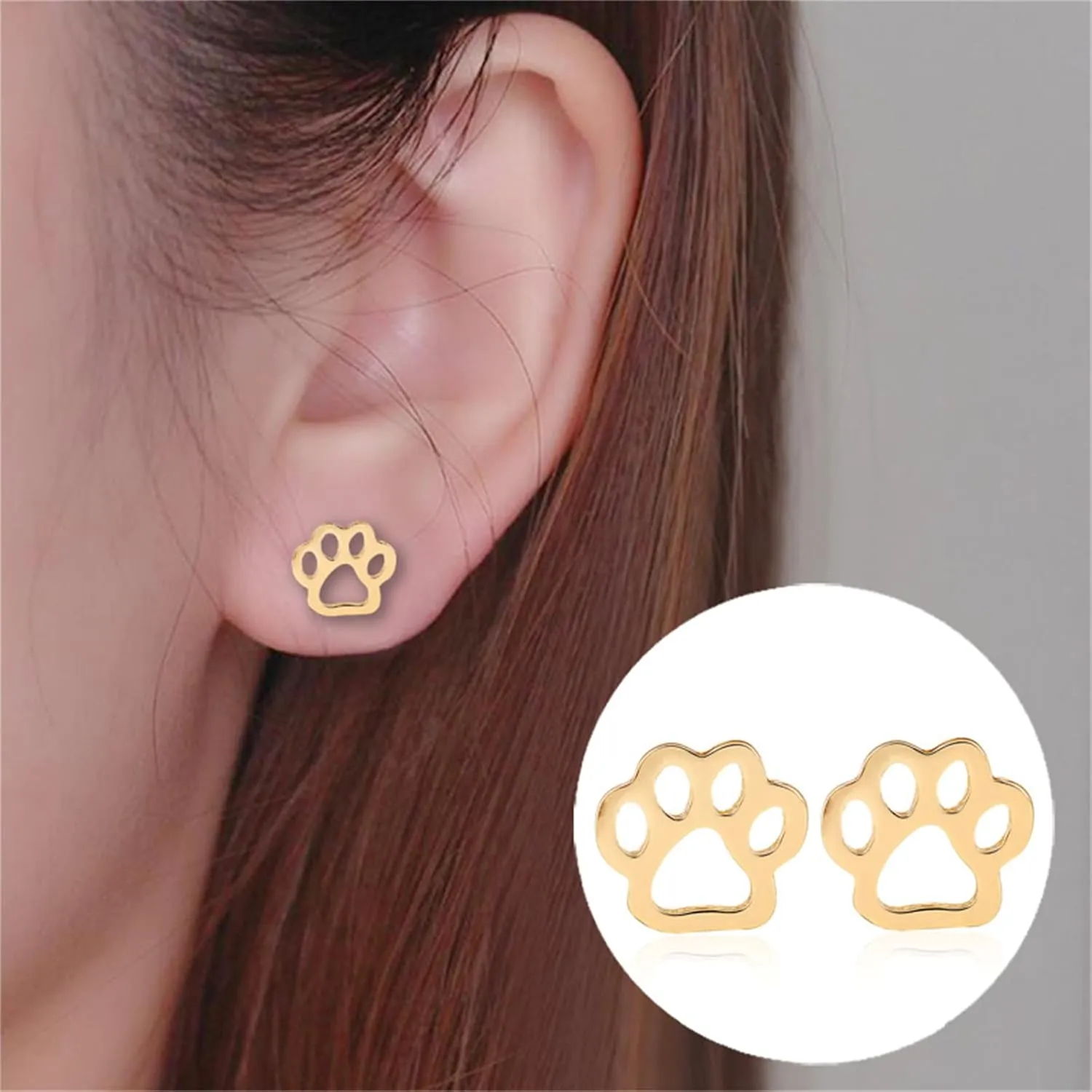 Paw Footprint Small Stud Earrings Stainless Steel Funny Charm Lovely Puppy Dog Cat Pet Animal Bear Paws Hollow Out Foot Prints Tiny Earrings for Women Birthday Christmas Party Holiday Jewelry Gifts
