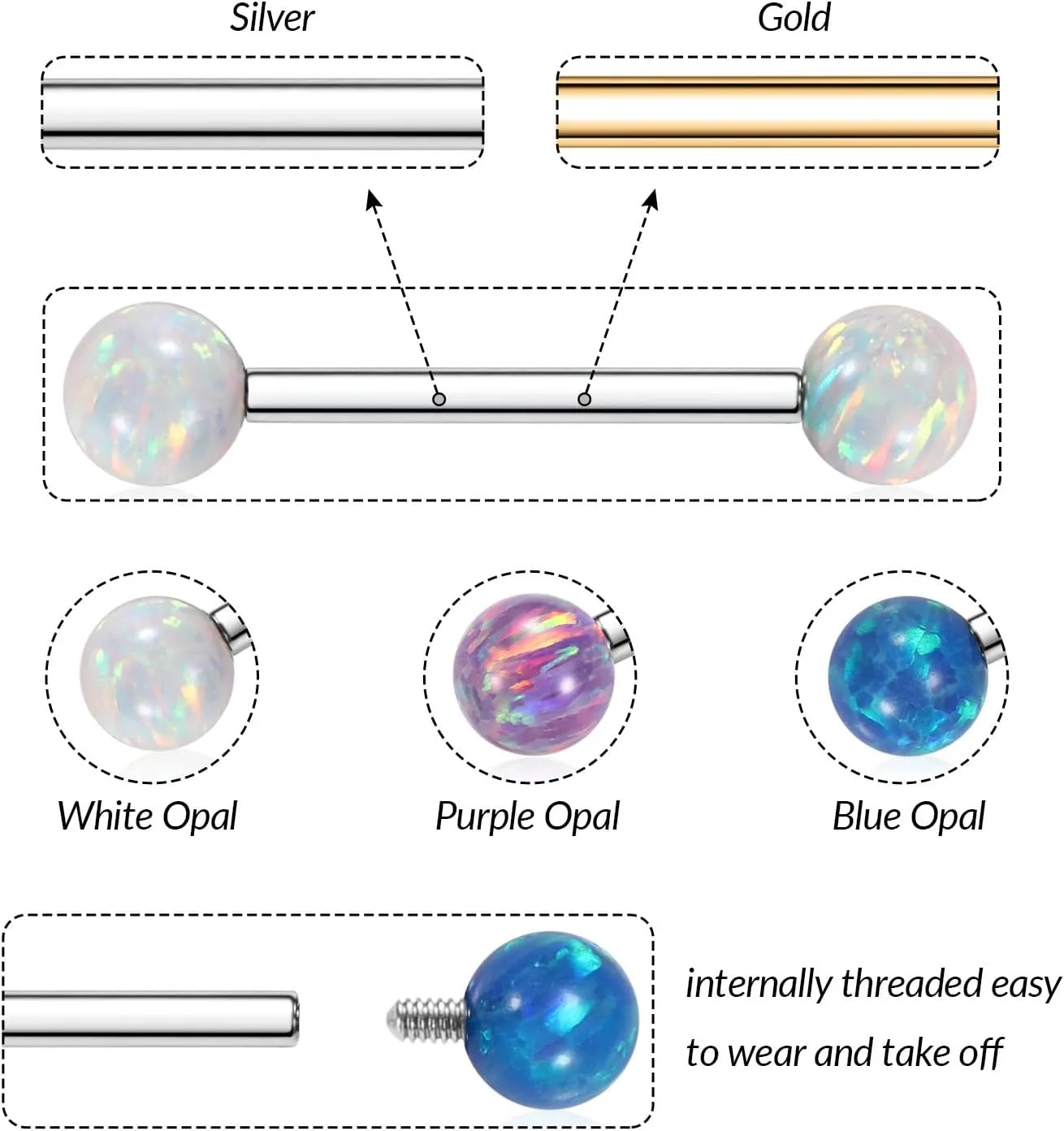 PEAKLINK 14G Titanium Nipple Rings & Barbell - CZ Opal Bridge Piercing Jewelry - Straight Internally Threaded - 12-18mm