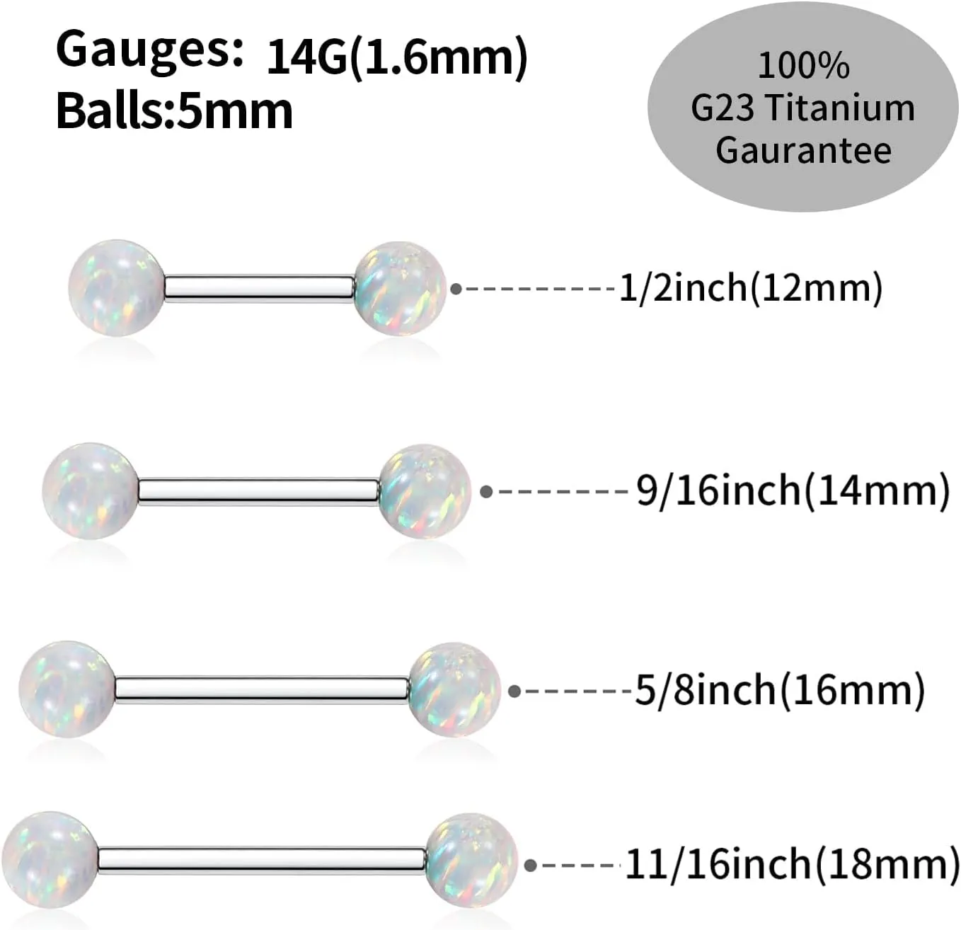 PEAKLINK 14G Titanium Nipple Rings & Barbell - CZ Opal Bridge Piercing Jewelry - Straight Internally Threaded - 12-18mm