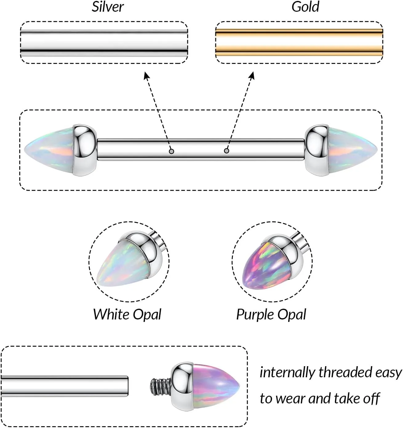 PEAKLINK 14G Titanium Nipple Rings & Barbell - CZ Opal Bridge Piercing Jewelry - Straight Internally Threaded - 12-18mm