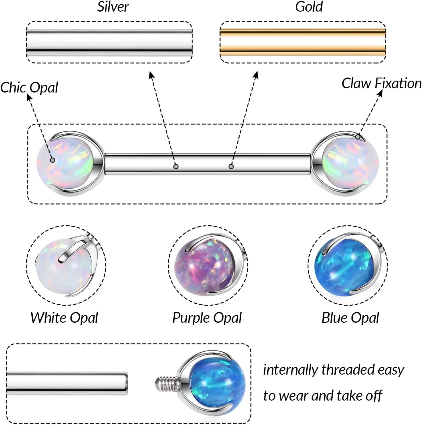PEAKLINK 14G Titanium Nipple Rings & Barbell - CZ Opal Bridge Piercing Jewelry - Straight Internally Threaded - 12-18mm