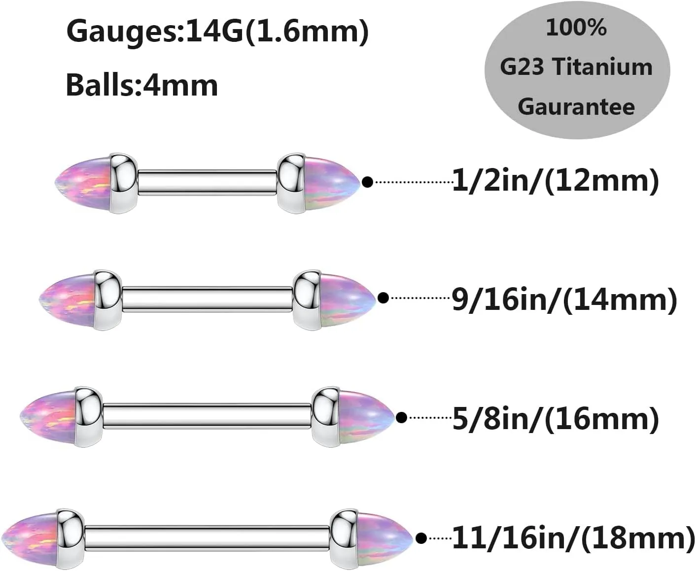 PEAKLINK 14G Titanium Nipple Rings & Barbell - CZ Opal Bridge Piercing Jewelry - Straight Internally Threaded - 12-18mm