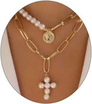 Pearl Cross Pendant Necklace for Coquette Women, Rhinostone Pearl Cross Chain Necklace, Romantic Punk Vintage Statement Jewelry Gifts for Women