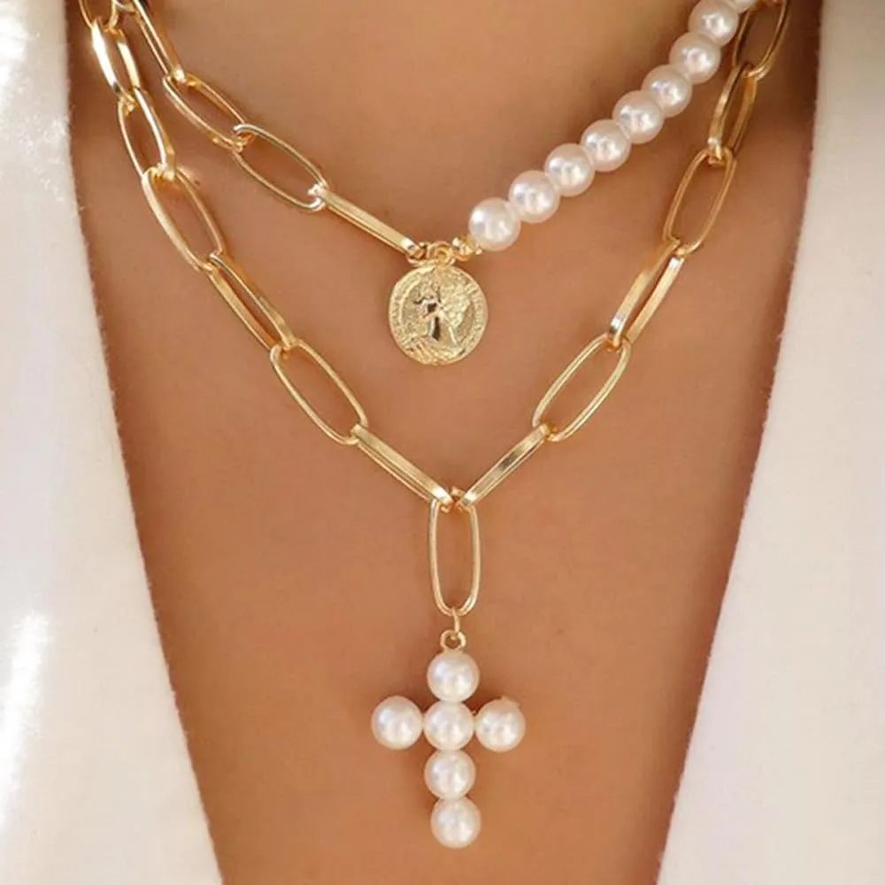 Pearl Cross Pendant Necklace for Coquette Women, Rhinostone Pearl Cross Chain Necklace, Romantic Punk Vintage Statement Jewelry Gifts for Women
