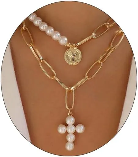 Pearl Cross Pendant Necklace for Coquette Women, Rhinostone Pearl Cross Chain Necklace, Romantic Punk Vintage Statement Jewelry Gifts for Women