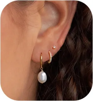 Pearl Earrings for Women, 14k Gold Plated Pearl Hoop Earrings Dainty Gold Earrings Set Minimalist Pearl Drop Earrings Small Gold Hoops Trendy Pearl Earrings Dangling Gold Jewelry for Women