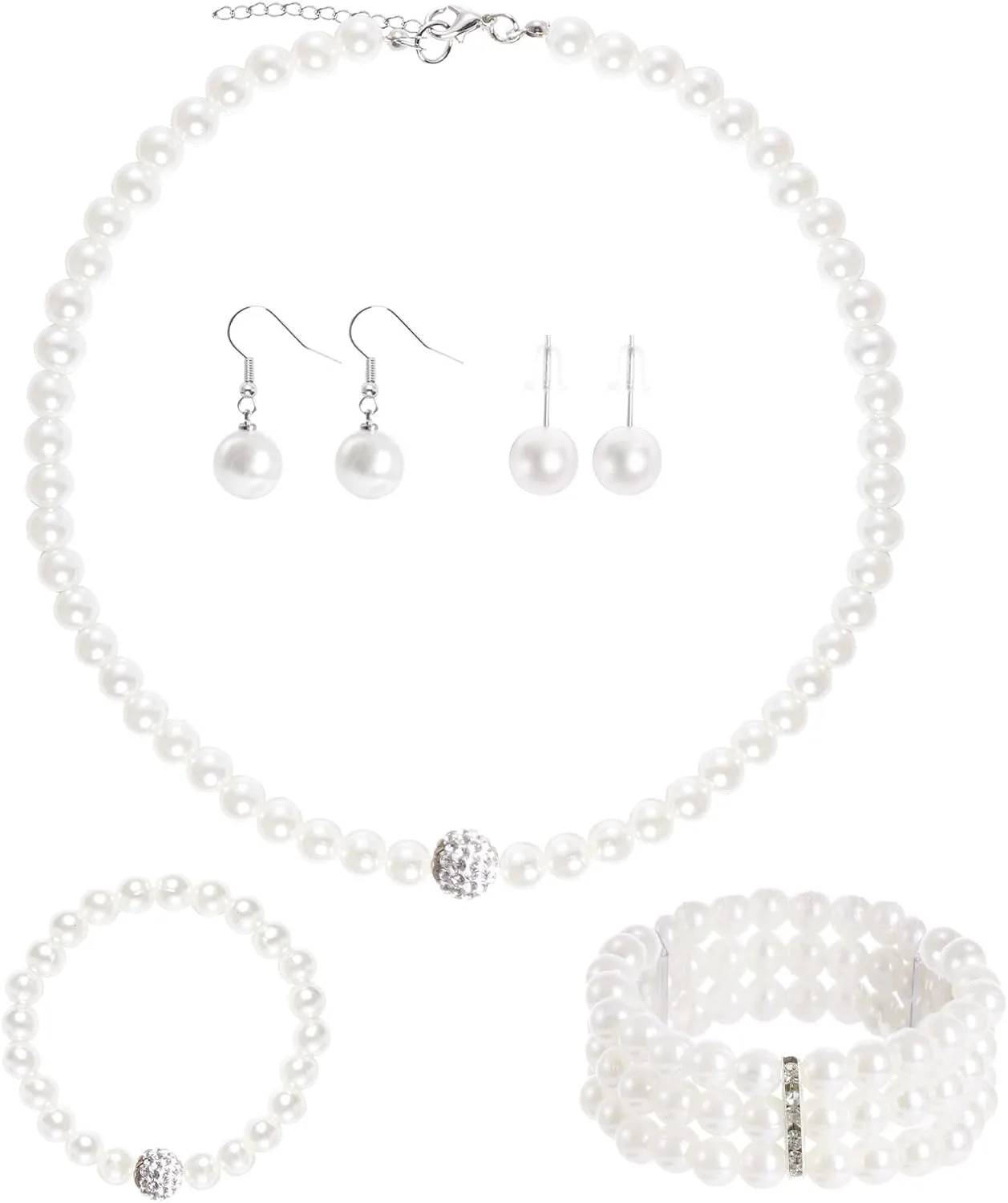 Pearl Necklace Bracelets and Earrings for Women, Faux Pearl Jewelry Set for Mother's Day Gifts Bridal Shower Tea Party