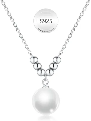 Pearl Necklace for Women 925 Sterling Silver Single Pearl Jewelry with Shell Pearl Pendant - Dainty Choker Necklace Suitable for Anniversary, Wedding, Birthday Gifts