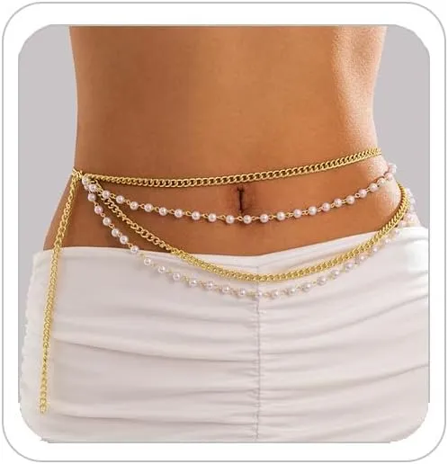 Pearl Waist Chain for Women Gold Faux Pearl Belly Chain Fashion Beach Body Chain Rave Party Body Accessories Jewelry Present