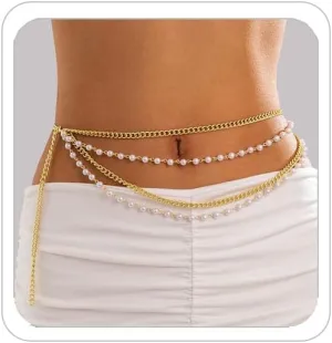 Pearl Waist Chain for Women Gold Faux Pearl Belly Chain Fashion Beach Body Chain Rave Party Body Accessories Jewelry Present