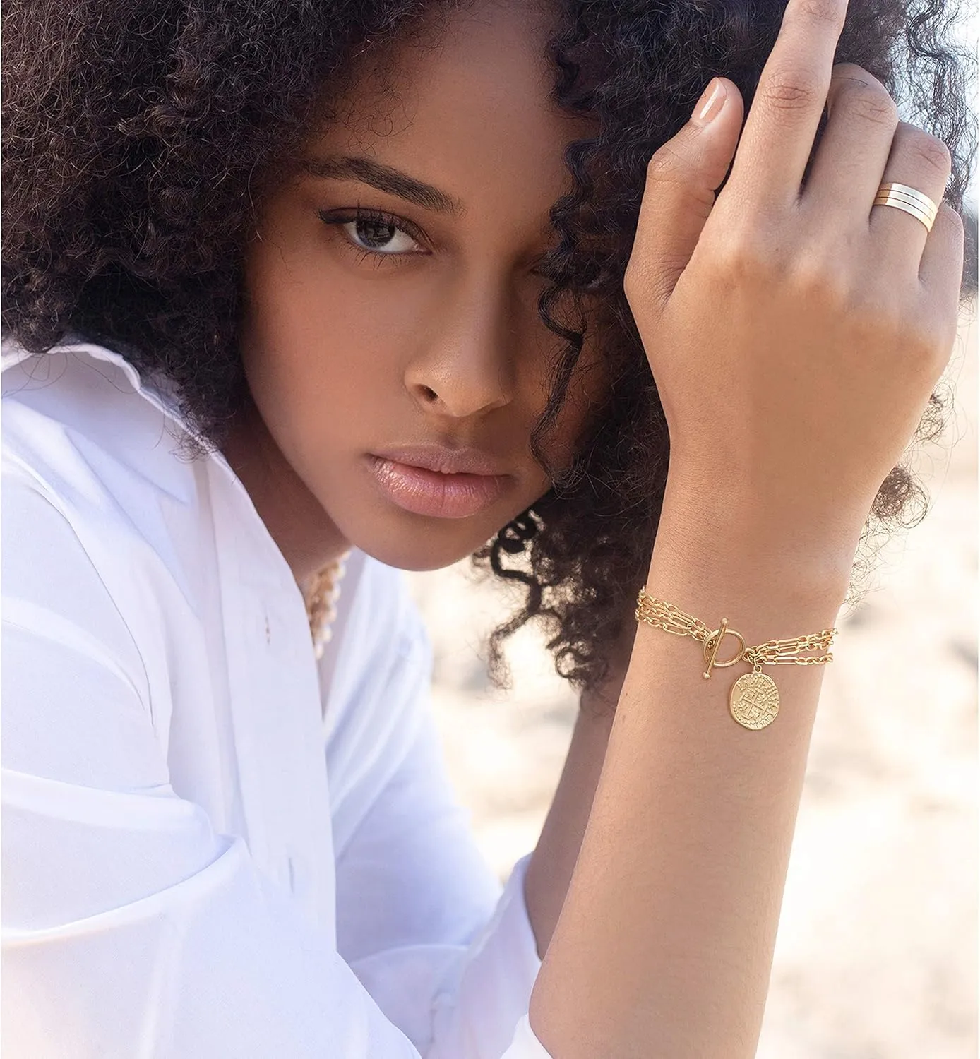 PEARLADA 18k Gold Chain Layerd Bracelet Coin Charm Toggle Bracelet Trendy Cubic Zirconia Jewelry