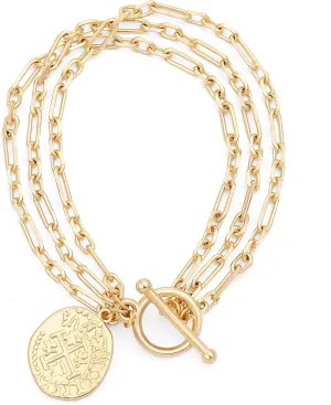PEARLADA 18k Gold Chain Layerd Bracelet Coin Charm Toggle Bracelet Trendy Cubic Zirconia Jewelry