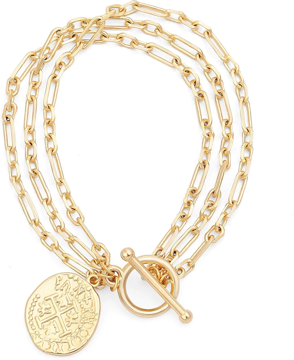 PEARLADA 18k Gold Chain Layerd Bracelet Coin Charm Toggle Bracelet Trendy Cubic Zirconia Jewelry