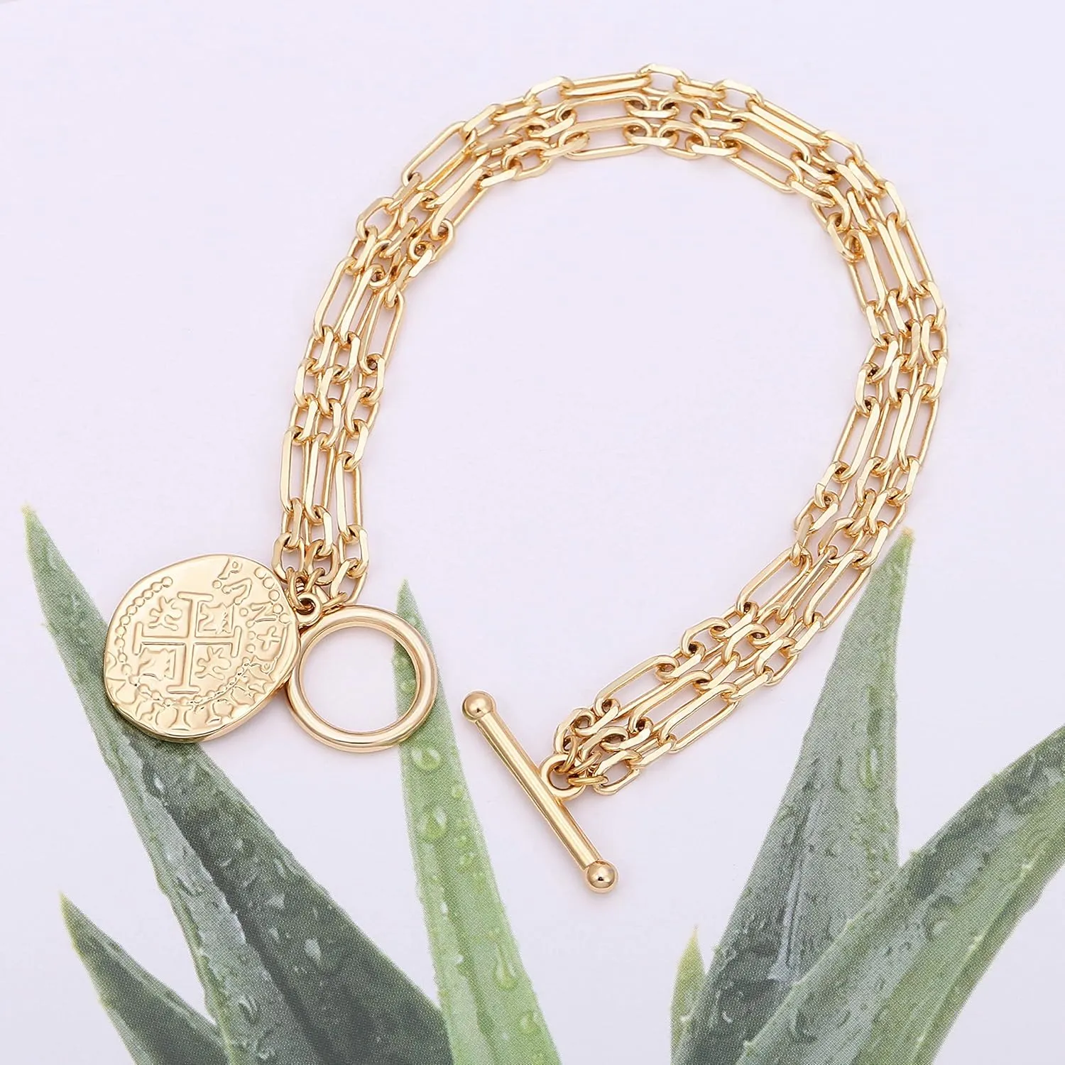 PEARLADA 18k Gold Chain Layerd Bracelet Coin Charm Toggle Bracelet Trendy Cubic Zirconia Jewelry