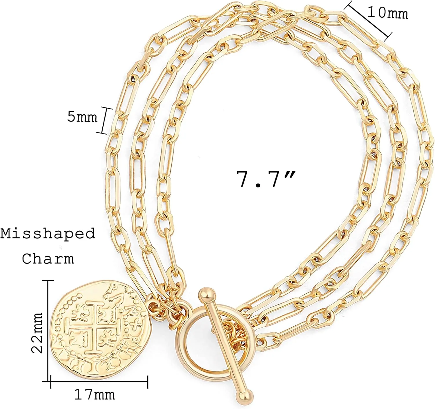 PEARLADA 18k Gold Chain Layerd Bracelet Coin Charm Toggle Bracelet Trendy Cubic Zirconia Jewelry
