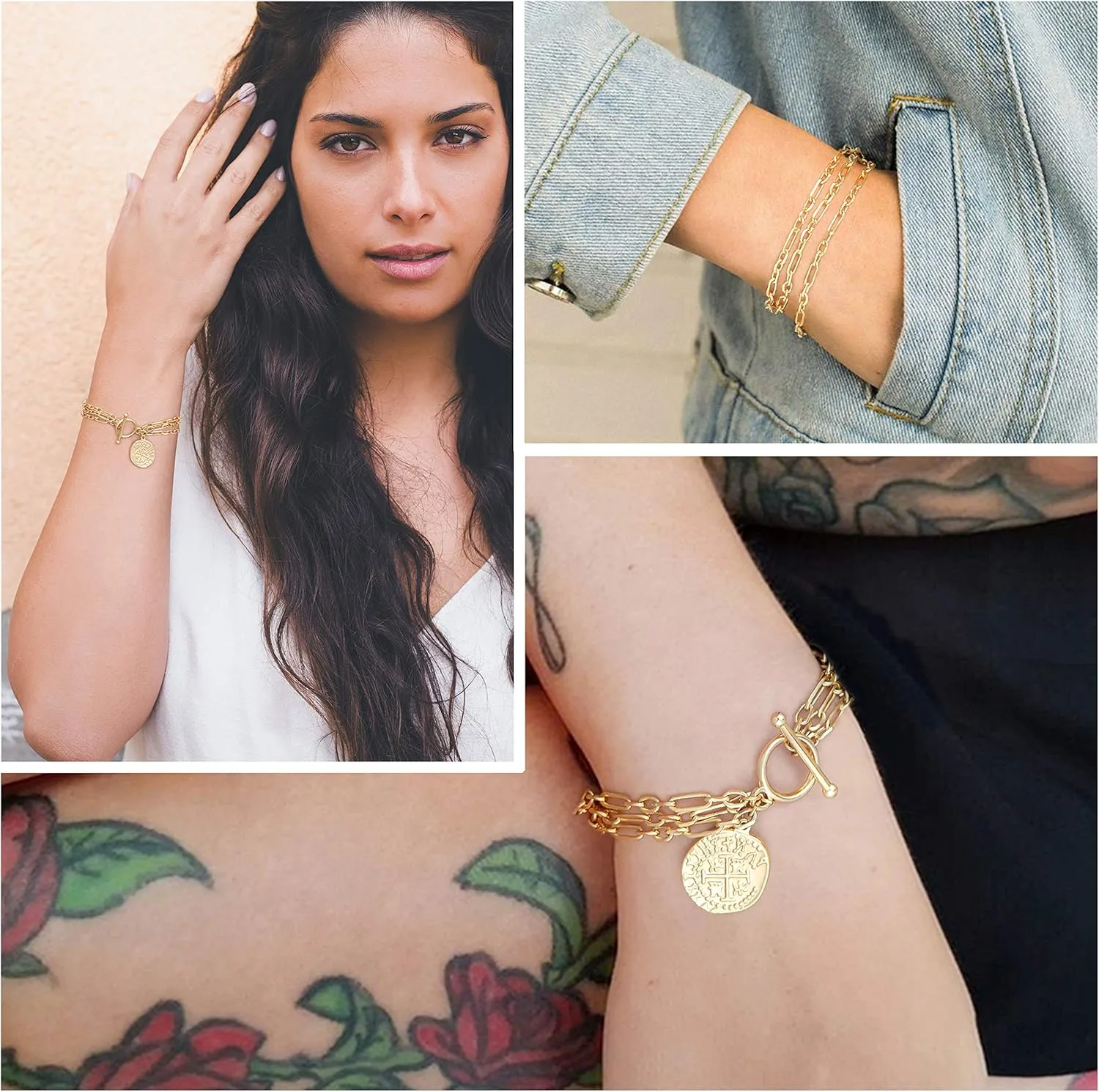 PEARLADA 18k Gold Chain Layerd Bracelet Coin Charm Toggle Bracelet Trendy Cubic Zirconia Jewelry