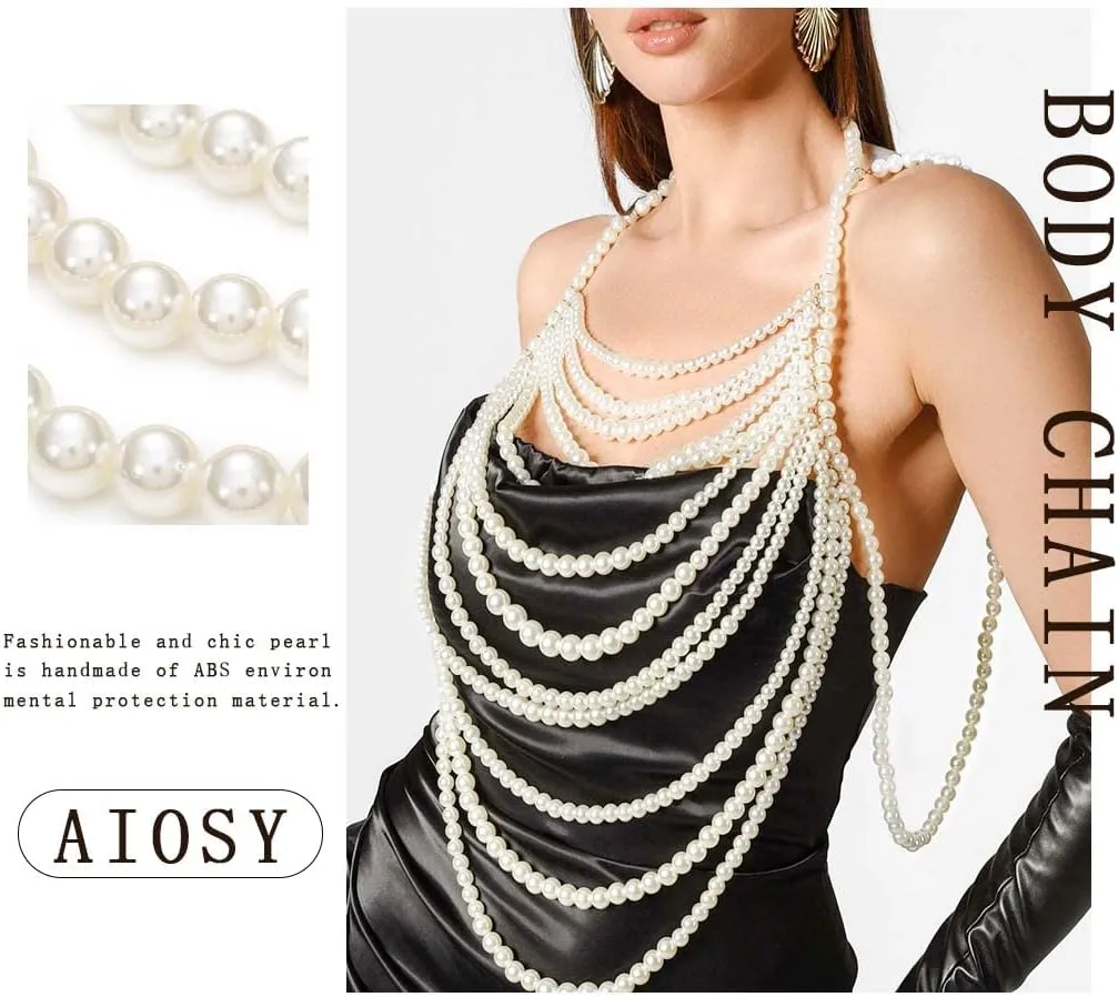 Pearls Body Chain Bra Sexy Shawl Necklace Pearl Tops Halter Shoulder Chain Beaded Backless Chest Chains Rave Body Jewelry Festival Party Summer Beach