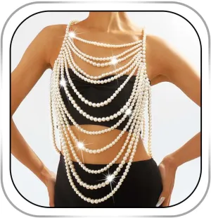Pearls Body Chain Bra Sexy Shawl Necklace Pearl Tops Halter Shoulder Chain Beaded Backless Chest Chains Rave Body Jewelry Festival Party Summer Beach