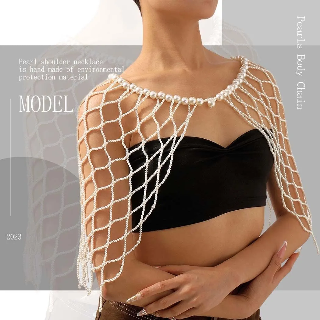 Pearls Body Chain Bra Sexy Shawl Necklace Pearl Tops Halter Shoulder Chain Beaded Backless Chest Chains Rave Body Jewelry Festival Party Summer Beach