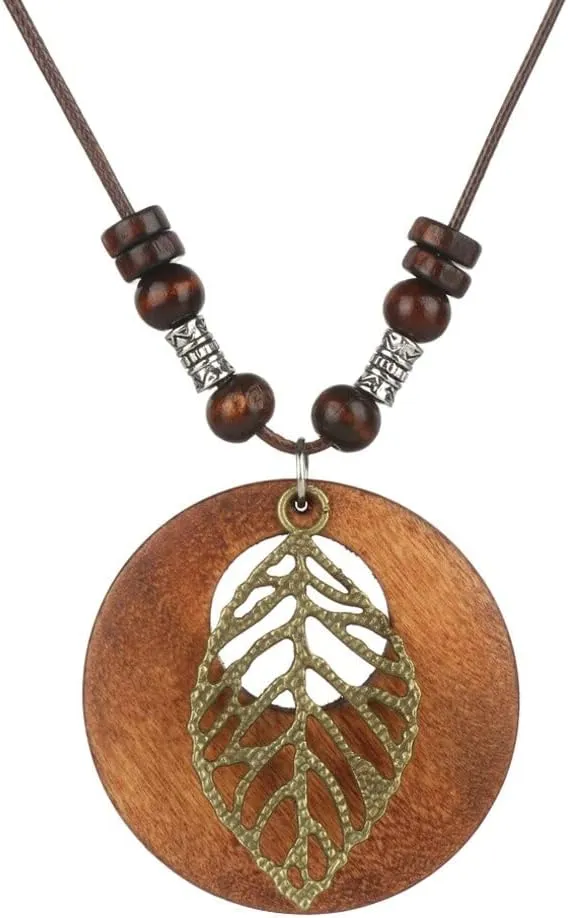 Pendant Necklace, Sweater Chain, Handmade Nepal Buddhist Mala Bead Pendant Necklace Ethnic Wooden Bead Long Jewelry Gifts for Women(Curry)