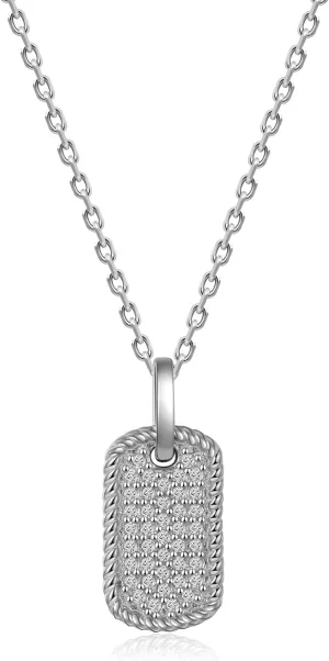 Pendant Necklace,925 Sterling Silver,Platinum Plated,Zirconium Inlaid Rectangle,18 inches