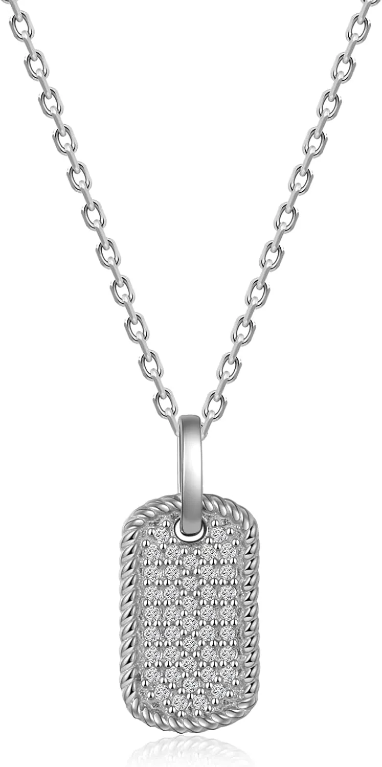 Pendant Necklace,925 Sterling Silver,Platinum Plated,Zirconium Inlaid Rectangle,18 inches