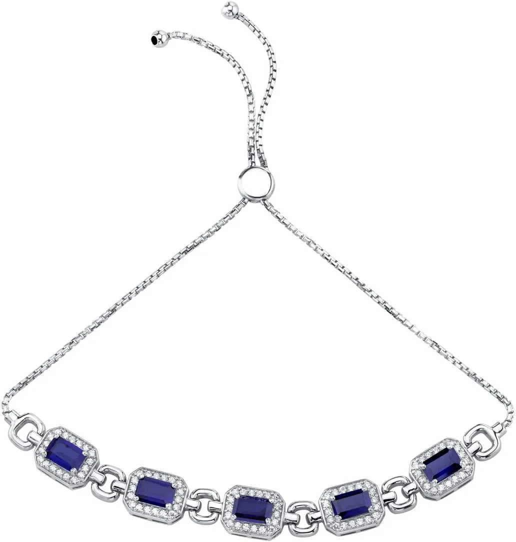 PEORA Sterling Silver 5 Stone Emerald-Cut Adjustable Friendship Bolo Slider Bracelet for Women in Various Gemstones