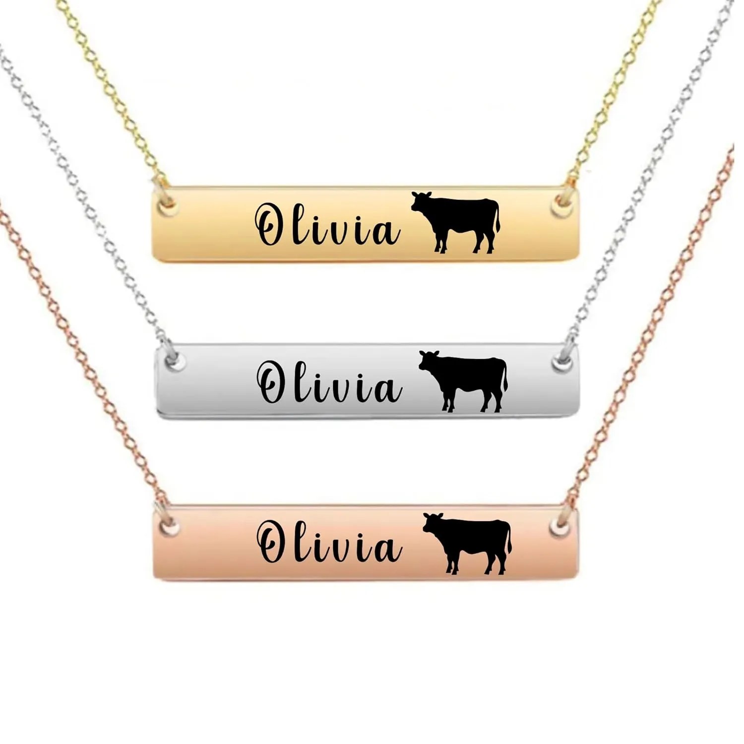 Personalized Cow Necklace, Cow Gift, Custom Engraved Round And Heart Bar Necklace, Memorial Keepsake for Cow Mom, Cow Lover Gift, Pet Name Necklace (Style 2)