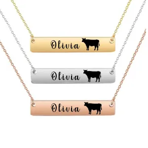 Personalized Cow Necklace, Cow Gift, Custom Engraved Round And Heart Bar Necklace, Memorial Keepsake for Cow Mom, Cow Lover Gift, Pet Name Necklace (Style 2)