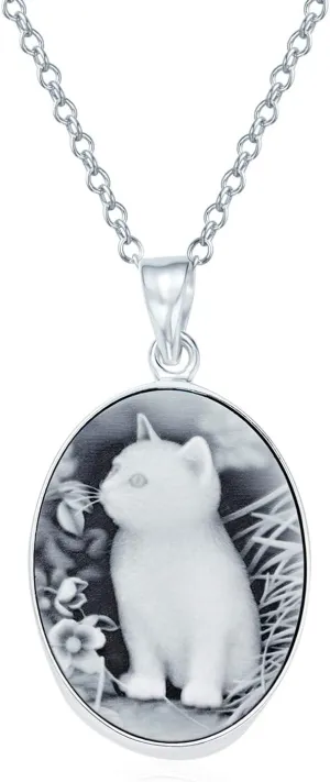 Personalized Custom Engraved Holds Picture Vintage Antique Style Simulated Black White Onyx Sitting Kitten Oval Cat Cameo Photo Locket Pendant Necklace For Women Teen .925 Sterling Silver