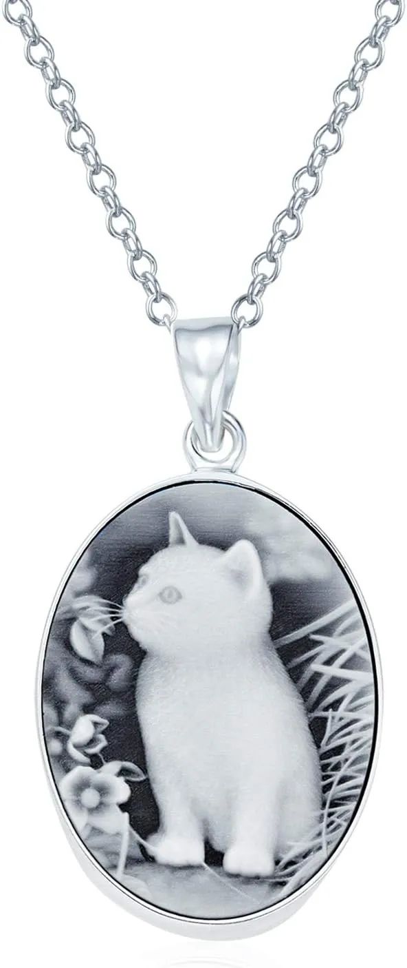 Personalized Custom Engraved Holds Picture Vintage Antique Style Simulated Black White Onyx Sitting Kitten Oval Cat Cameo Photo Locket Pendant Necklace For Women Teen .925 Sterling Silver