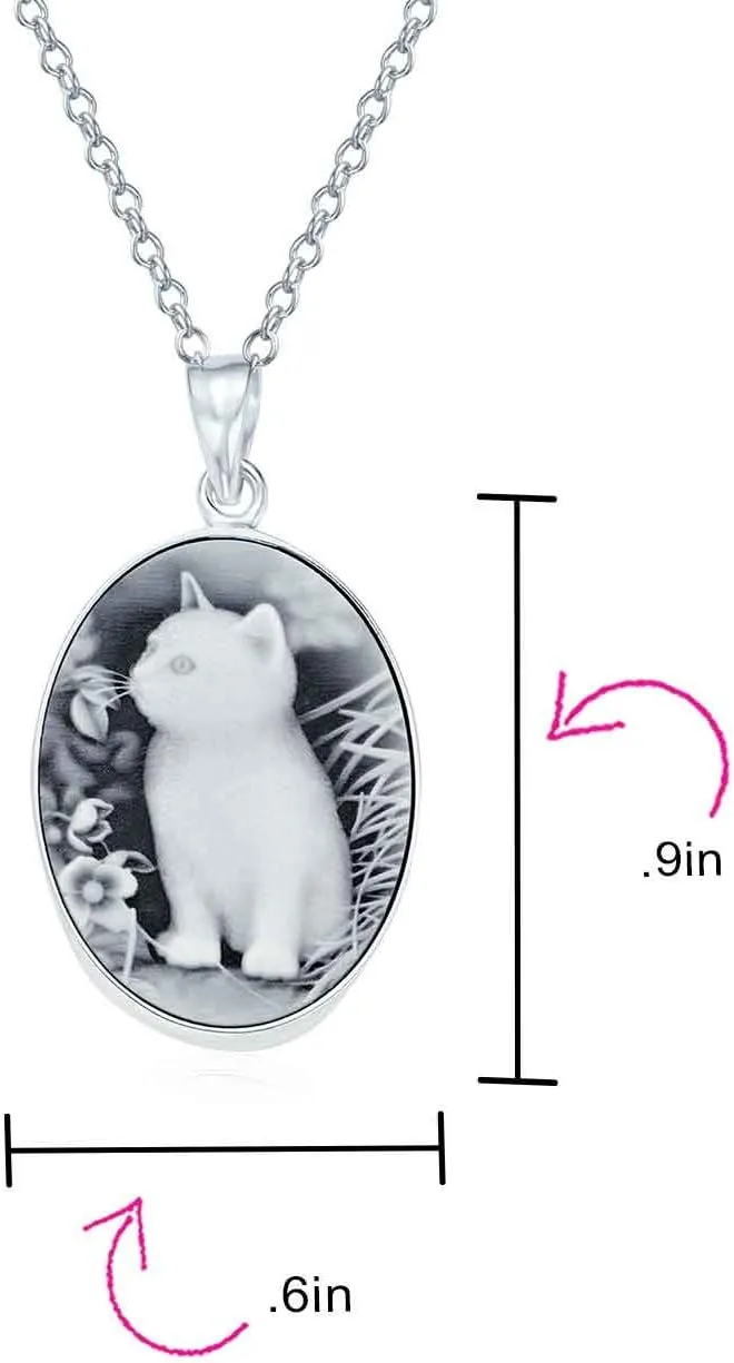 Personalized Custom Engraved Holds Picture Vintage Antique Style Simulated Black White Onyx Sitting Kitten Oval Cat Cameo Photo Locket Pendant Necklace For Women Teen .925 Sterling Silver
