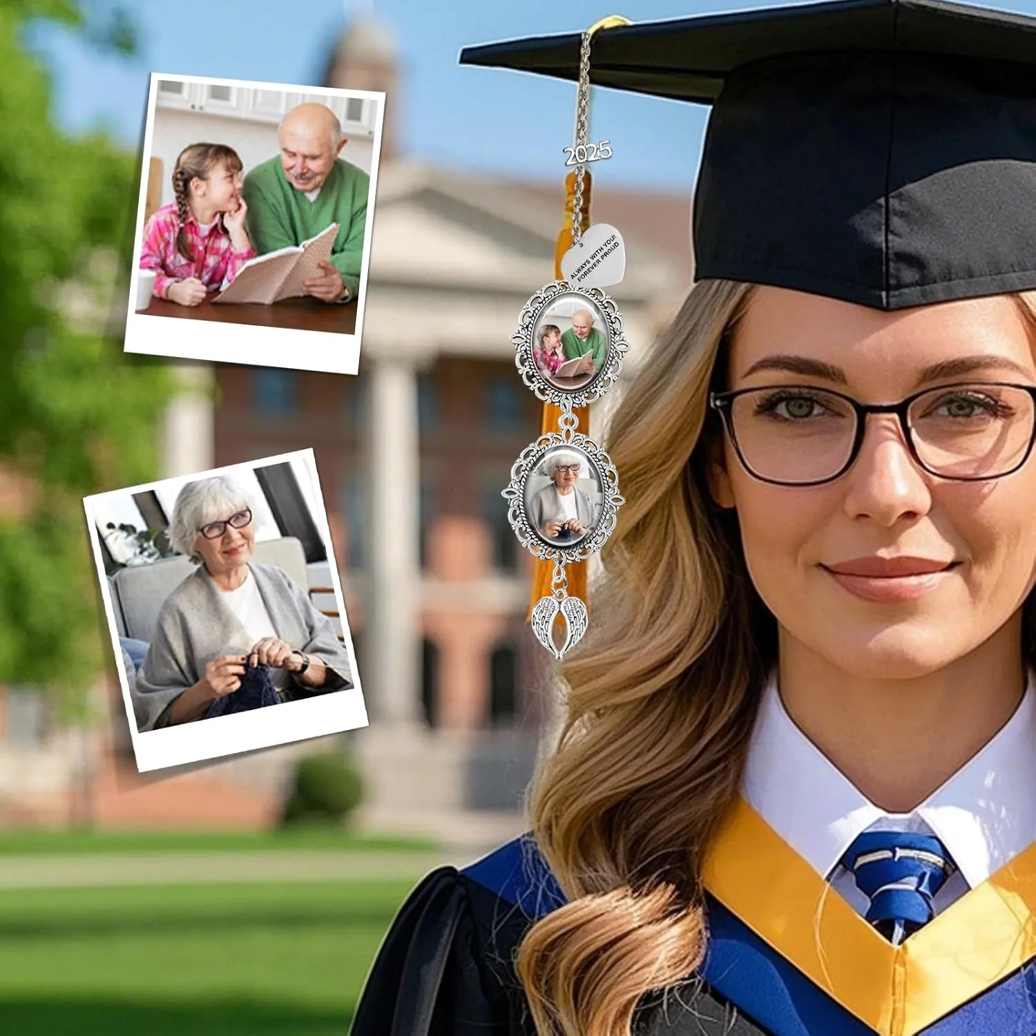 Personalized Graduation Cap Charm Gifts for Class of 2025 College Custom 1-3 Pictures Tassel Pendant Gift for Grads Who Loss Loved Ones
