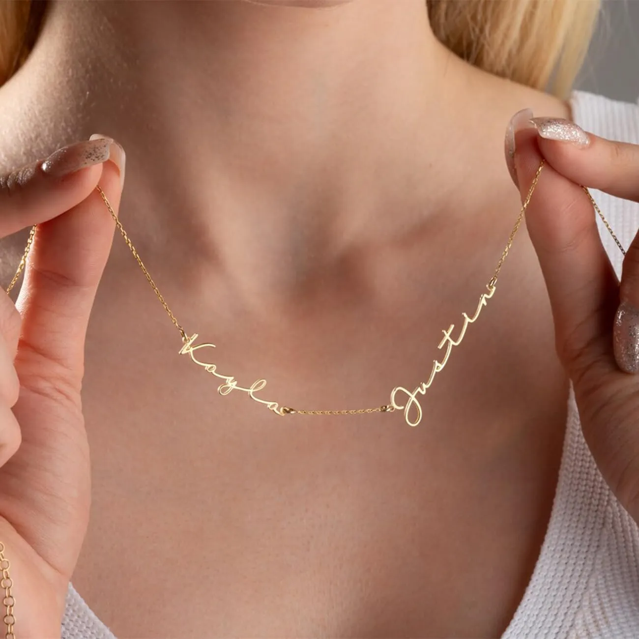 Personalized Name Necklace with Curb Chain, 18K Gold Plated Handmade Custom Family Choker Customized Child Nameplate Necklace Mother's Day Jewelry Gift for Mom, Wife (2 Names Necklace)