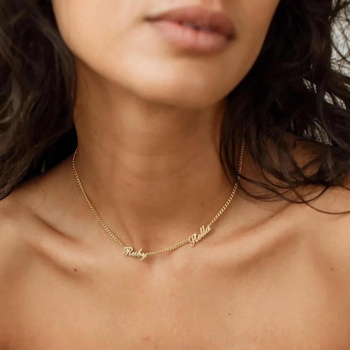 Personalized Name Necklace with Curb Chain, 18K Gold Plated Handmade Custom Family Choker Customized Child Nameplate Necklace Mother's Day Jewelry Gift for Mom, Wife (2 Names Necklace)